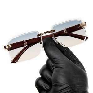Men's Rimless Gold Frame Gray Tan Tint 2000s Hip Hop Woodgrain Sunglasses
